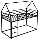 Twin over Twin House Shape Bunk Bed with Protective Fence, Metal Kids Bed Frame with Built-in Ladder, White