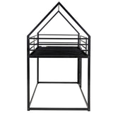 Twin over Twin House Shape Bunk Bed with Protective Fence, Metal Kids Bed Frame with Built-in Ladder, White