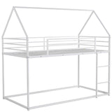 Twin over Twin House Shape Bunk Bed with Protective Fence, Metal Kids Bed Frame with Built-in Ladder, White