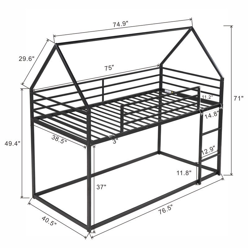 Twin over Twin House Shape Bunk Bed with Protective Fence, Metal Kids Bed Frame with Built-in Ladder, White