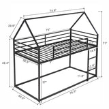 Twin over Twin House Shape Bunk Bed with Protective Fence, Metal Kids Bed Frame with Built-in Ladder, White