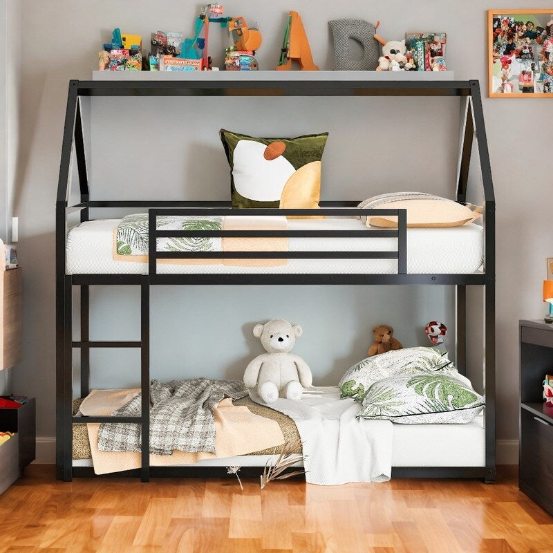 Twin over Twin House Shape Bunk Bed with Protective Fence, Metal Kids Bed Frame with Built-in Ladder, White