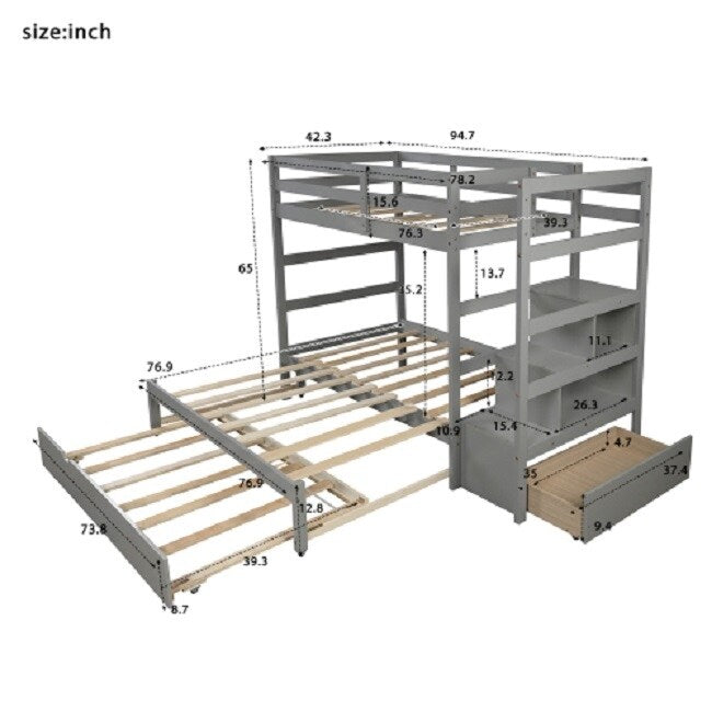 Twin over Twin/King Bunk Bed with Twin Size Trundle (Gray)