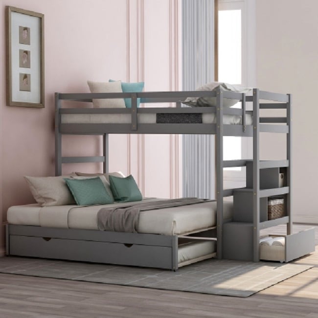 Twin over Twin/King Bunk Bed with Twin Size Trundle (Gray)