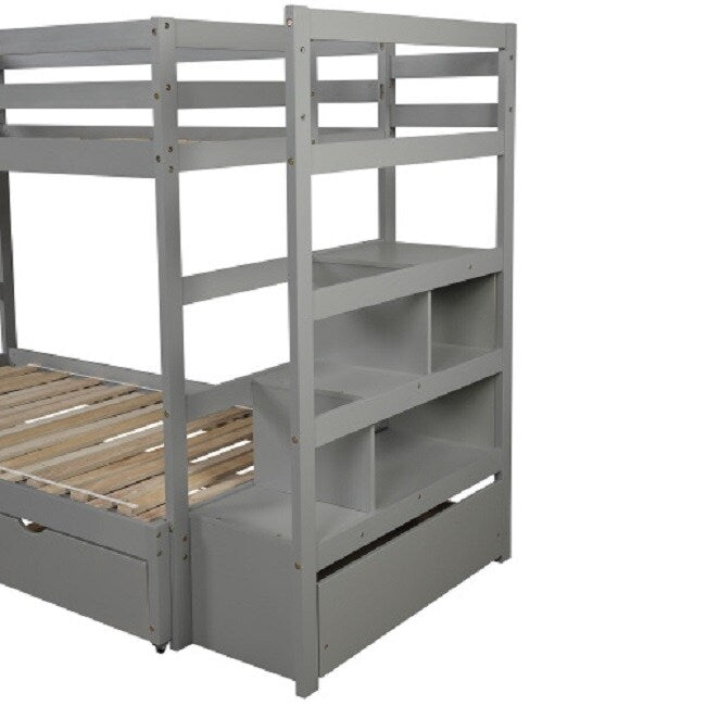 Twin over Twin/King Bunk Bed with Twin Size Trundle (Gray)