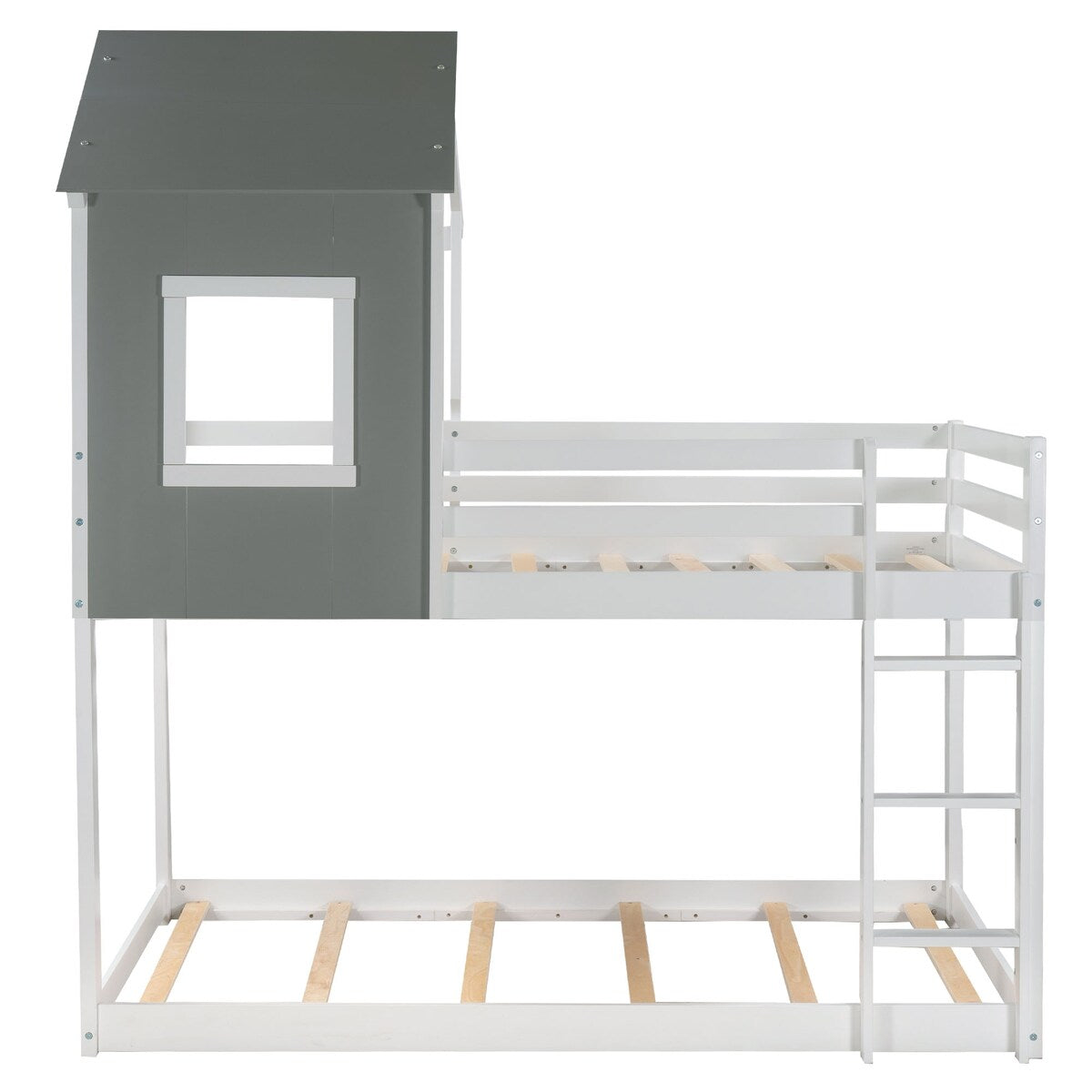 Twin over Twin Low Bunk Bed,House Bed with Roof