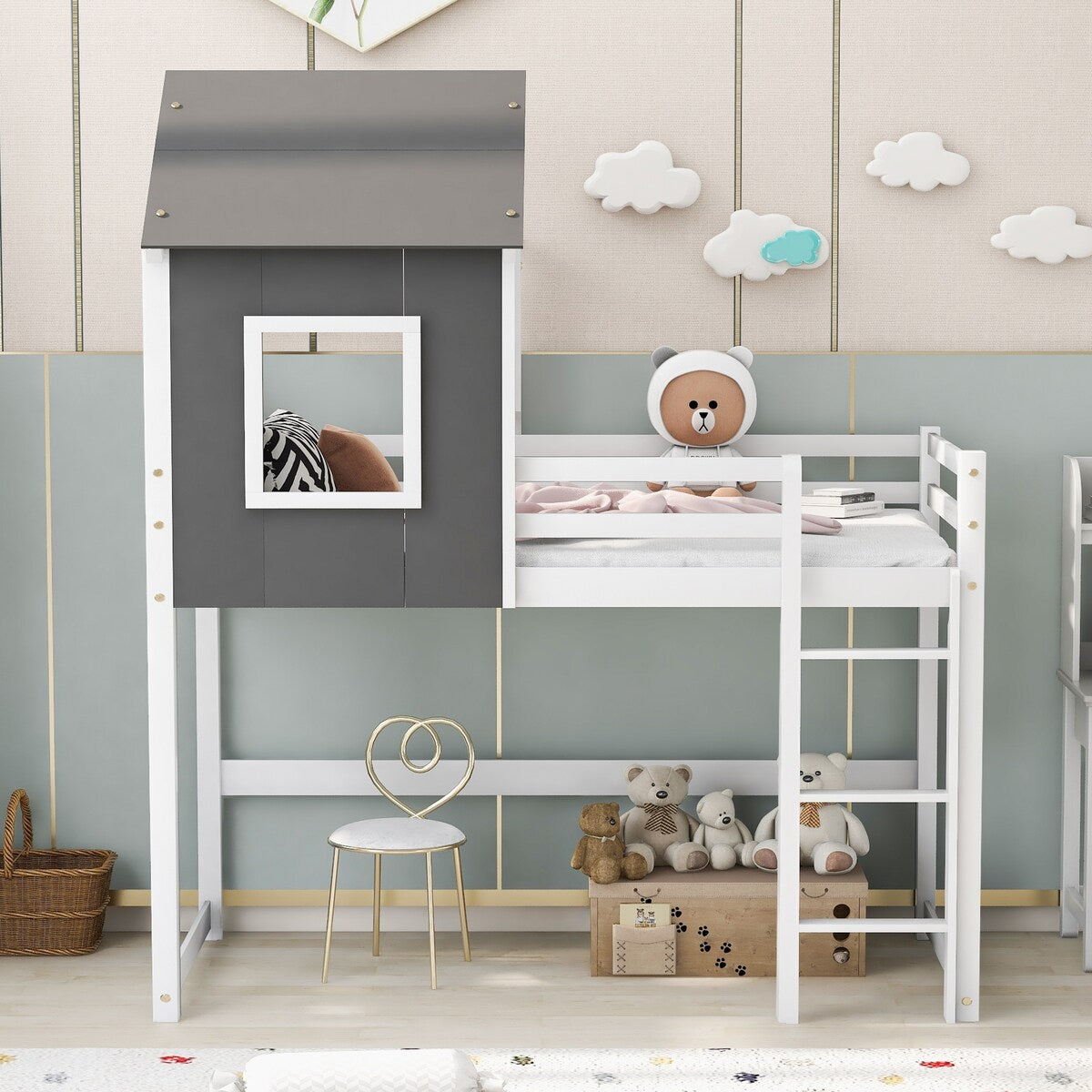 Twin over Twin Low Bunk Bed,House Bed with Roof