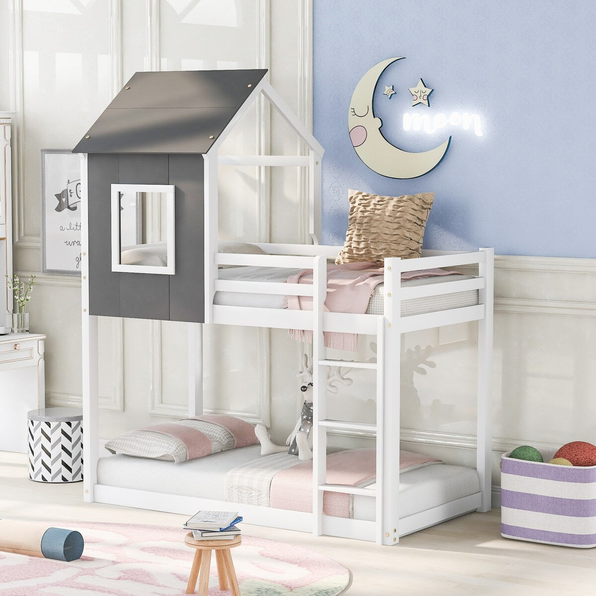 Twin over Twin Low Bunk Bed,House Bed with Roof
