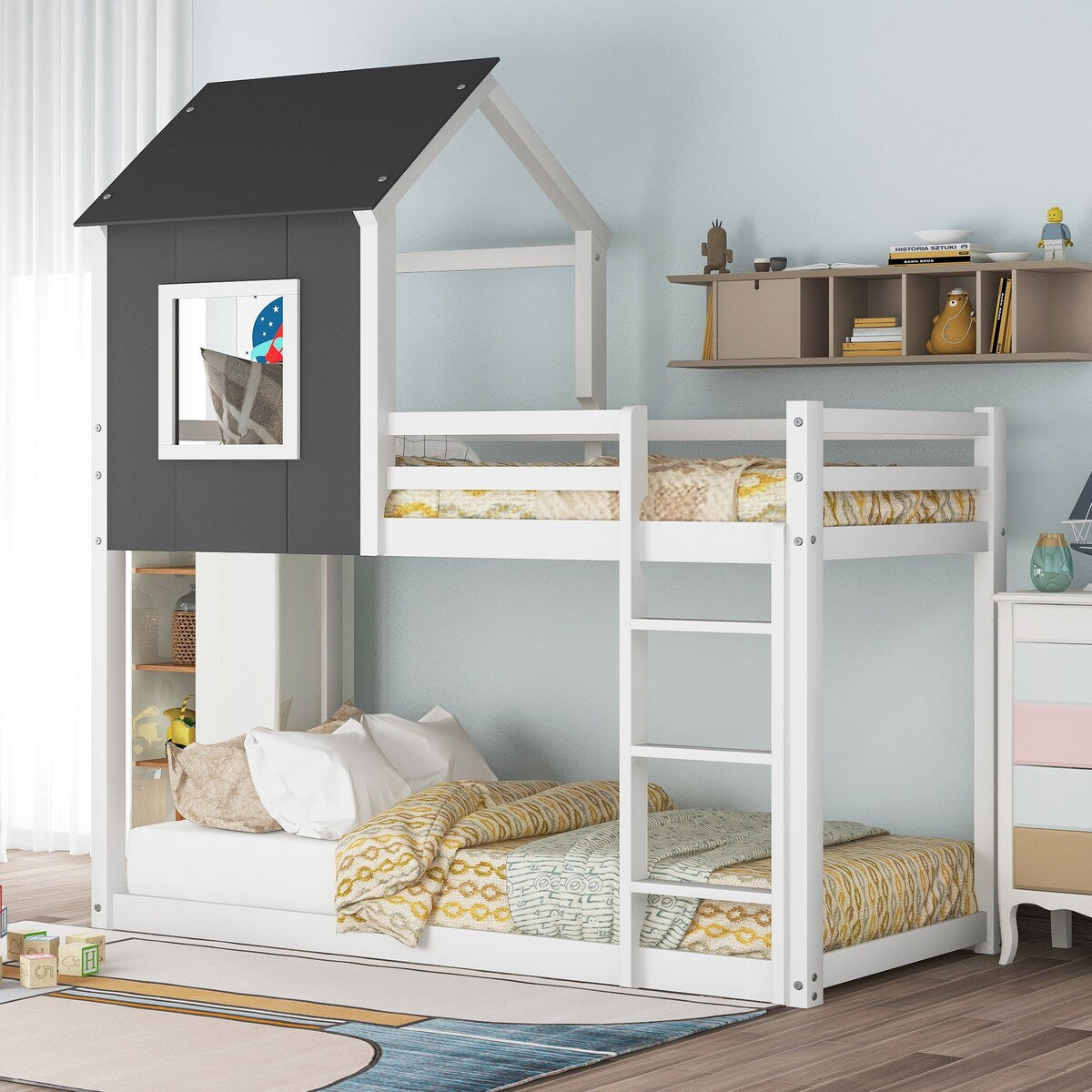 Twin over Twin Low Bunk Bed,House Bed with Roof