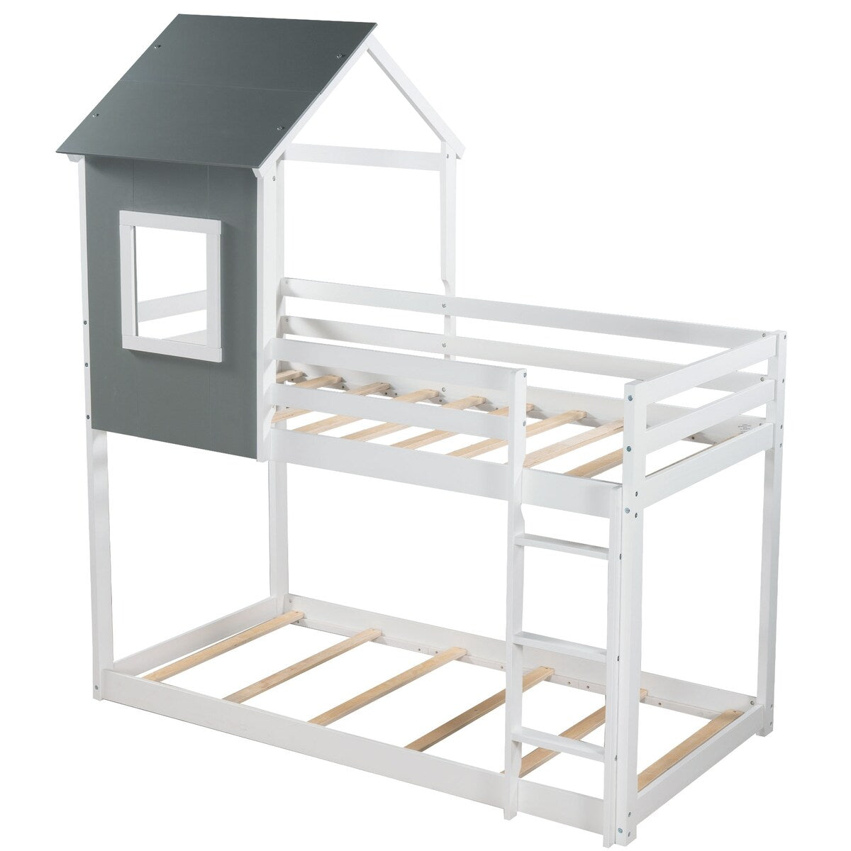 Twin over Twin Low Bunk Bed,House Bed with Roof