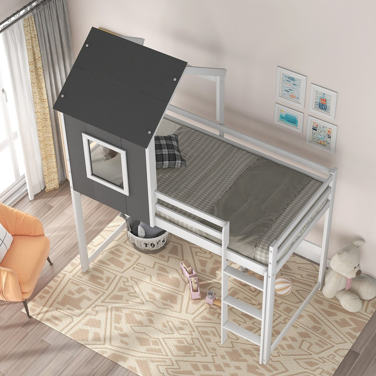 Twin over Twin Low Bunk Bed,House Bed with Roof