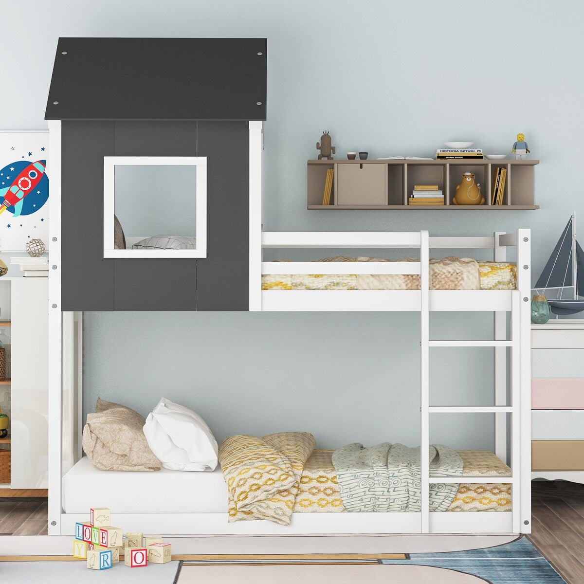 Twin over Twin Low Bunk Bed,House Bed with Roof