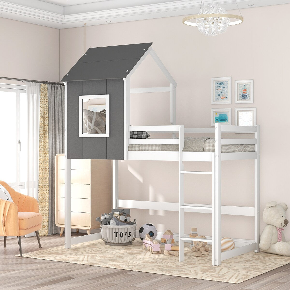 Twin over Twin Low Bunk Bed,House Bed with Roof