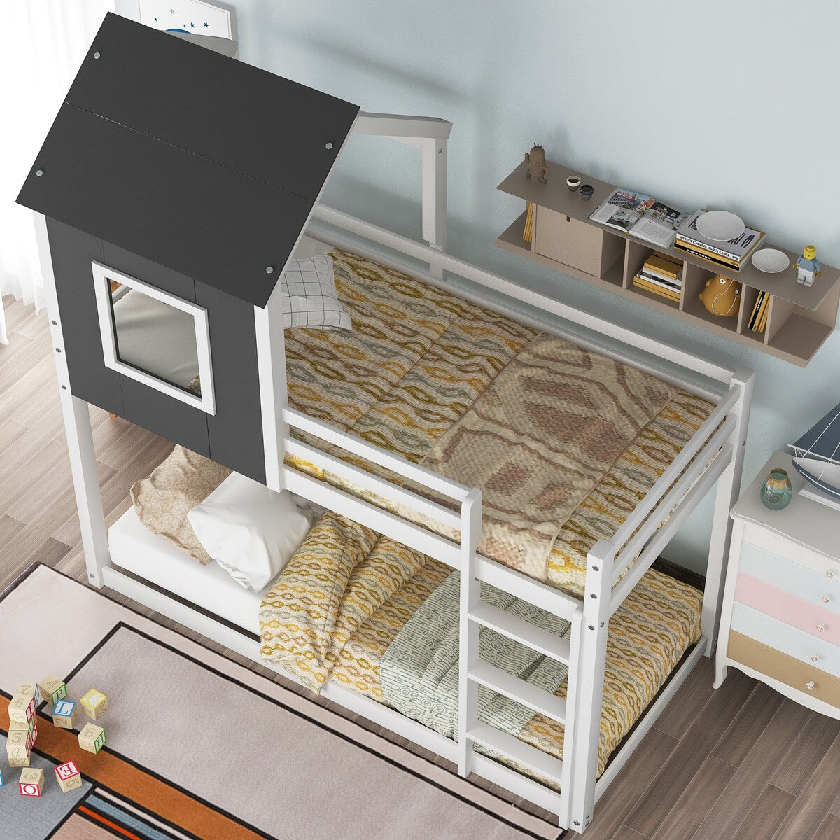 Twin over Twin Low Bunk Bed,House Bed with Roof