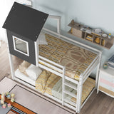 Twin over Twin Low Bunk Bed,House Bed with Roof