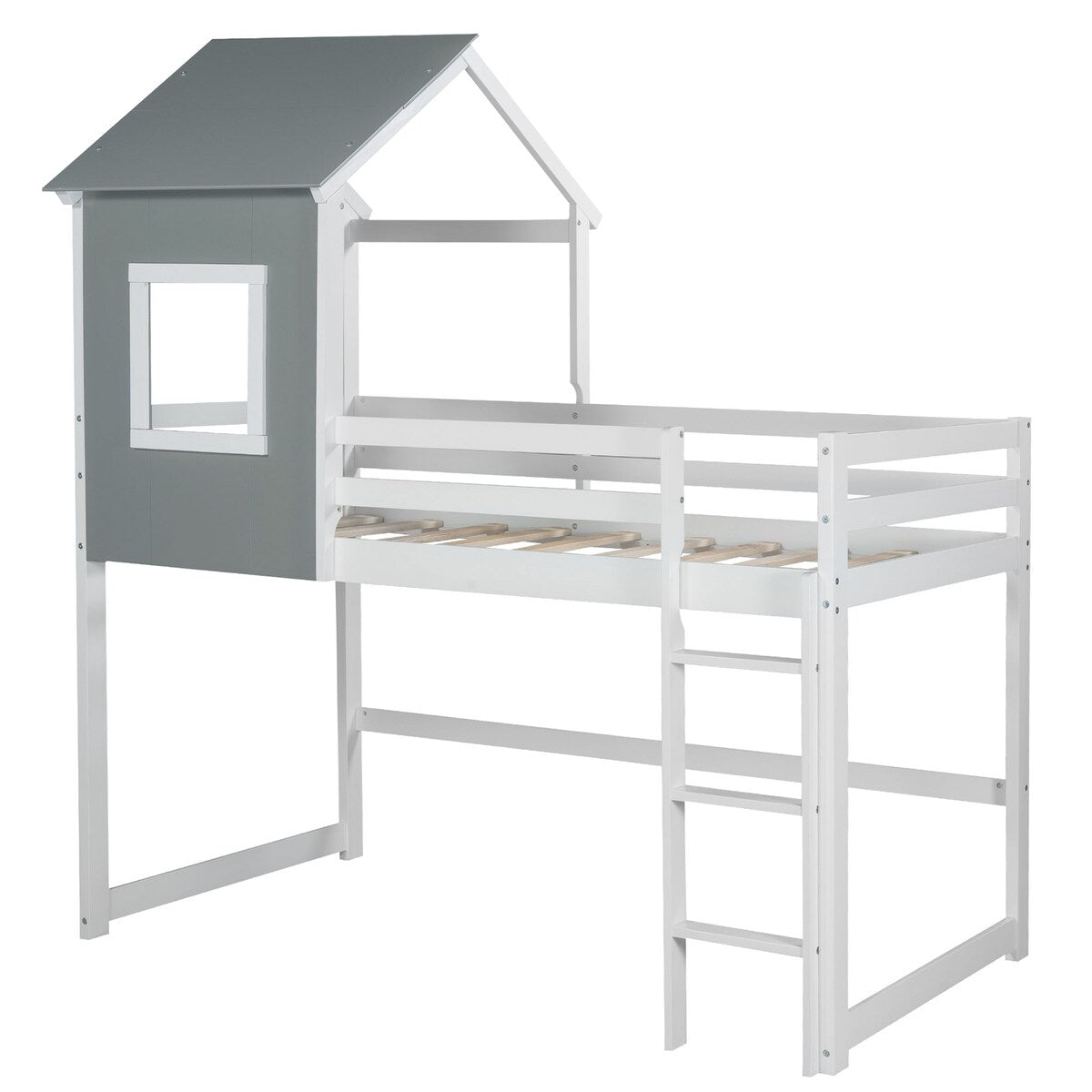 Twin over Twin Low Bunk Bed,House Bed with Roof