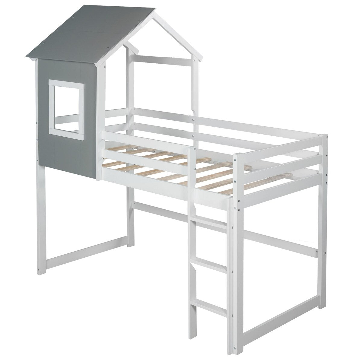 Twin over Twin Low Bunk Bed,House Bed with Roof