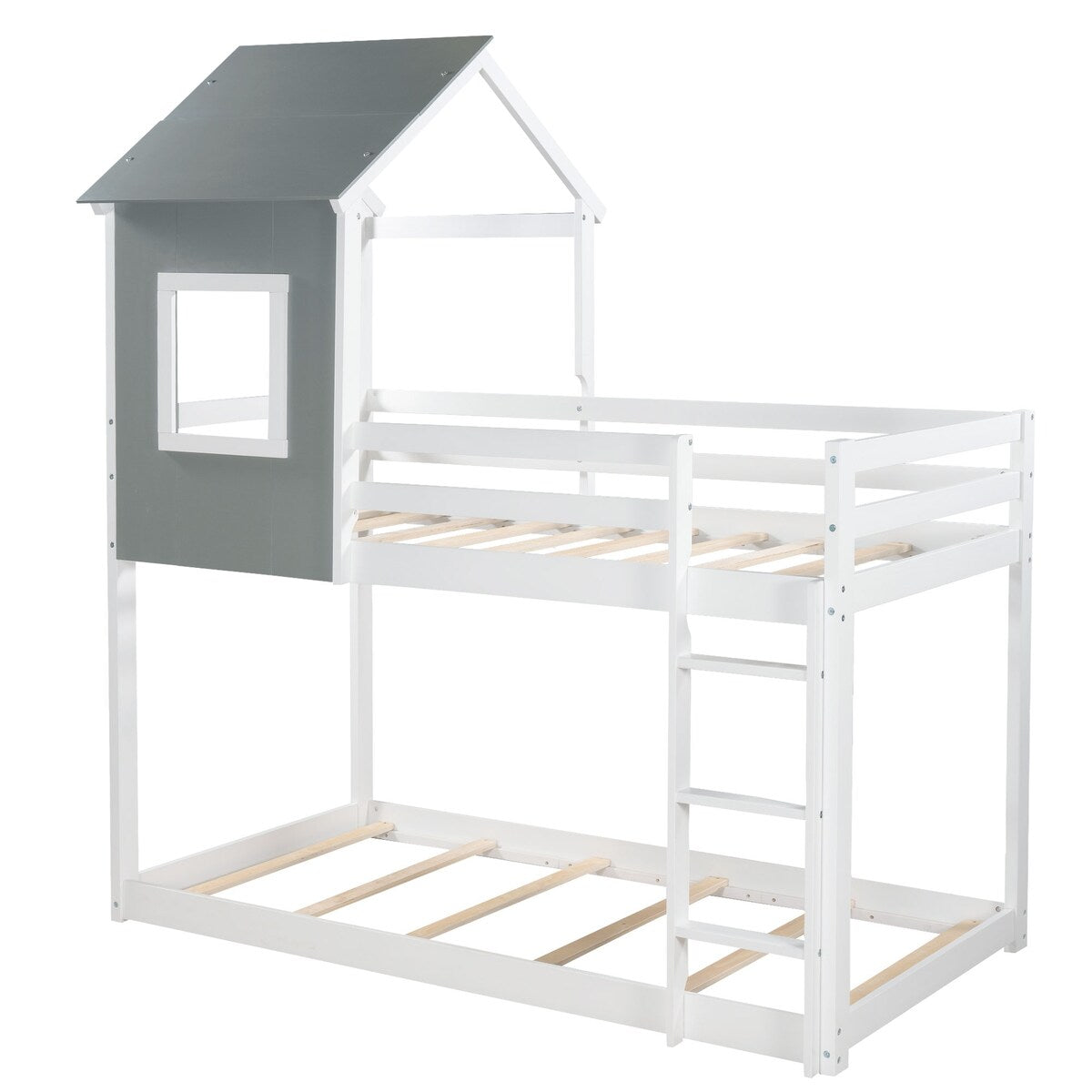 Twin over Twin Low Bunk Bed,House Bed with Roof