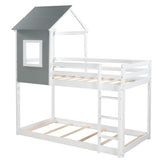 Twin over Twin Low Bunk Bed,House Bed with Roof