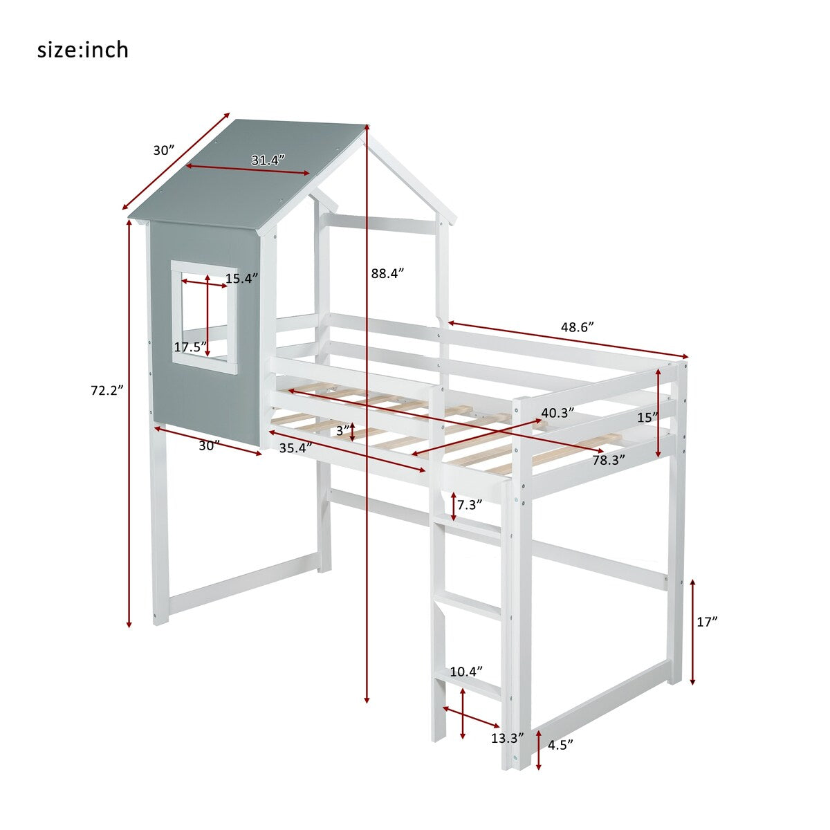 Twin over Twin Low Bunk Bed,House Bed with Roof