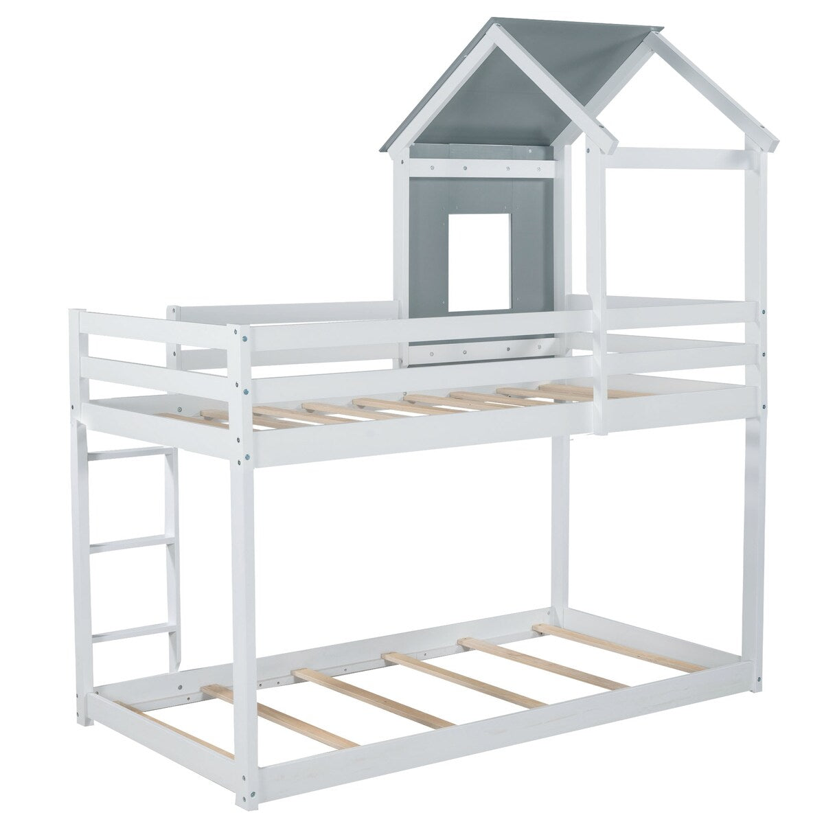 Twin over Twin Low Bunk Bed,House Bed with Roof