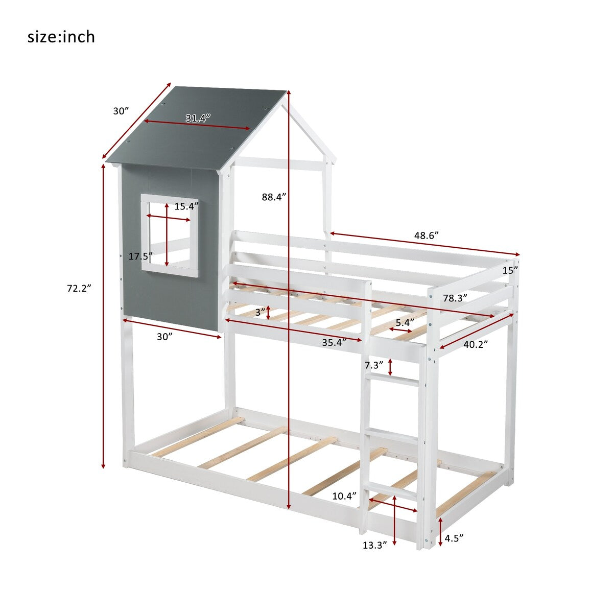 Twin over Twin Low Bunk Bed,House Bed with Roof