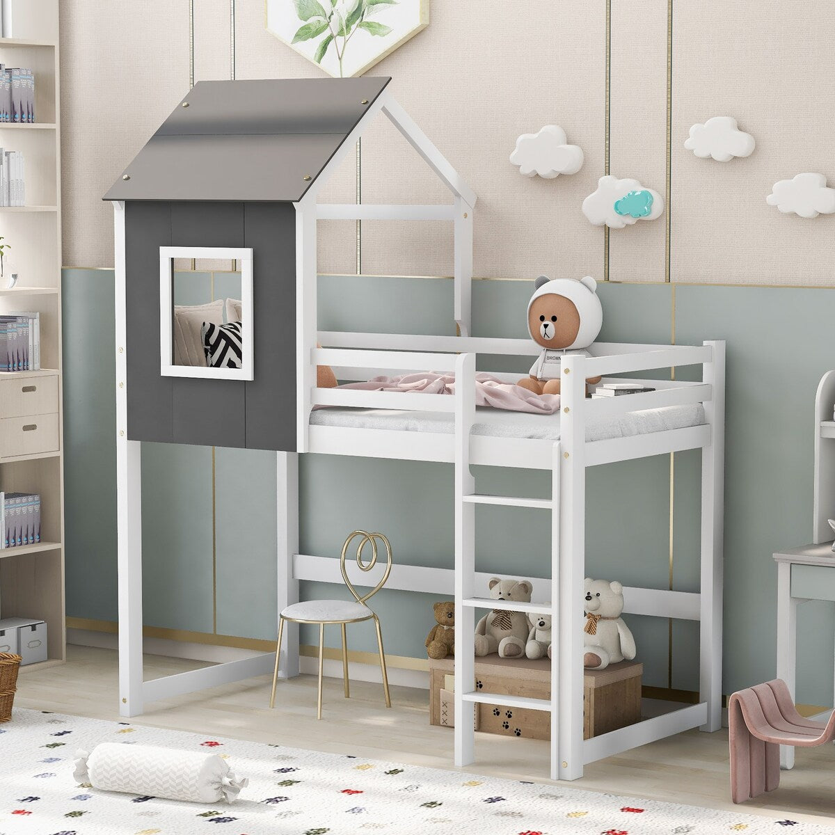 Twin over Twin Low Bunk Bed,House Bed with Roof