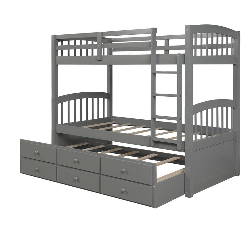 Twin over Twin Size Bunk Bed with Trundle and Ladder, Wooden Kids Bed Frame with Safety Rail and 3-Drawers for Bedroom, Grey