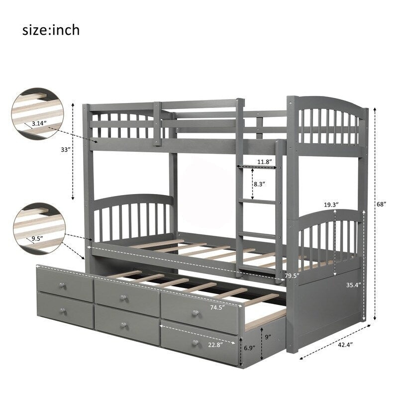 Twin over Twin Size Bunk Bed with Trundle and Ladder, Wooden Kids Bed Frame with Safety Rail and 3-Drawers for Bedroom, Grey