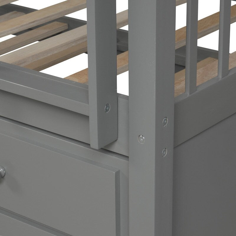 Twin over Twin Size Bunk Bed with Trundle and Ladder, Wooden Kids Bed Frame with Safety Rail and 3-Drawers for Bedroom, Grey