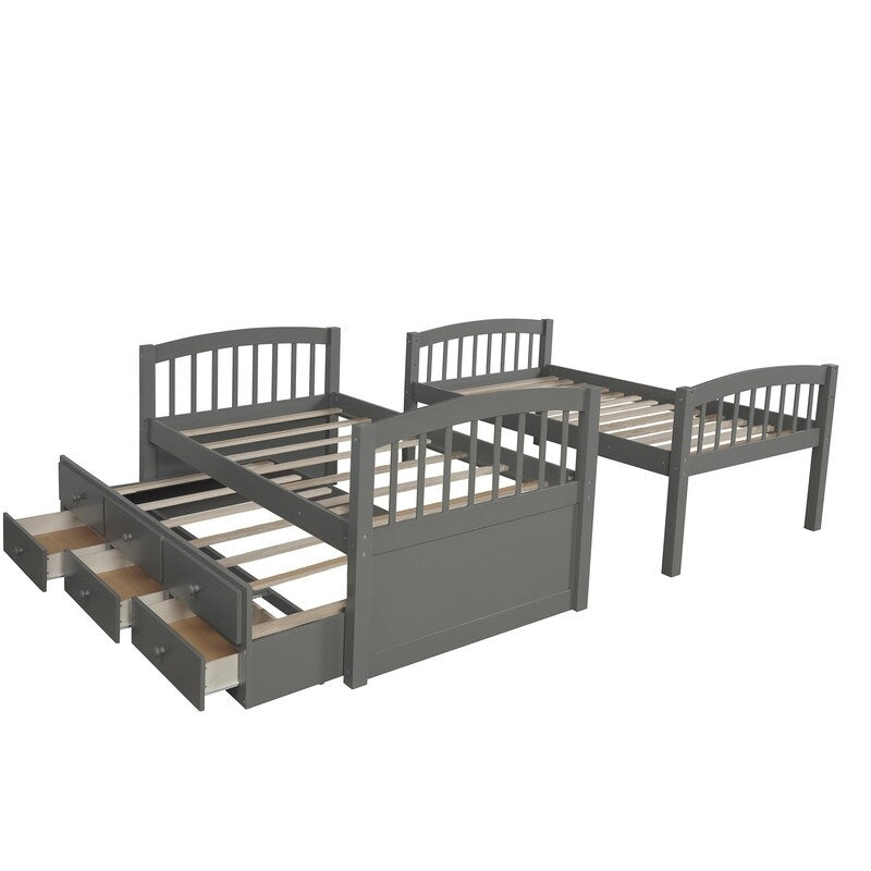 Twin over Twin Size Bunk Bed with Trundle and Ladder, Wooden Kids Bed Frame with Safety Rail and 3-Drawers for Bedroom, Grey