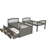 Twin over Twin Size Bunk Bed with Trundle and Ladder, Wooden Kids Bed Frame with Safety Rail and 3-Drawers for Bedroom, Grey
