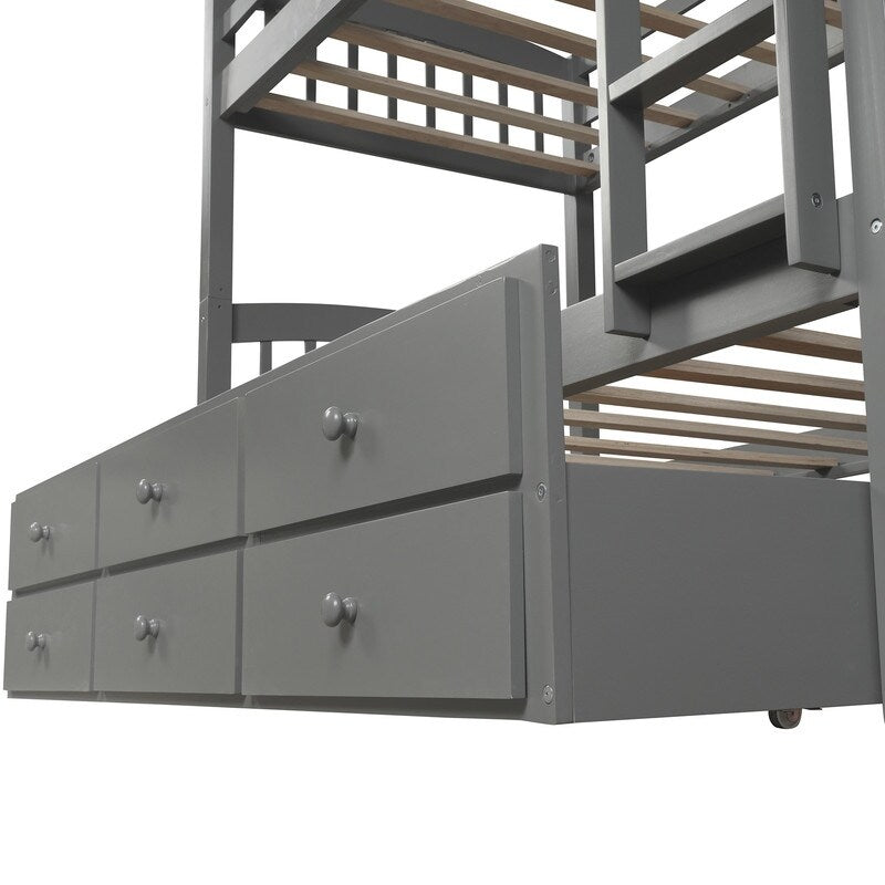 Twin over Twin Size Bunk Bed with Trundle and Ladder, Wooden Kids Bed Frame with Safety Rail and 3-Drawers for Bedroom, Grey