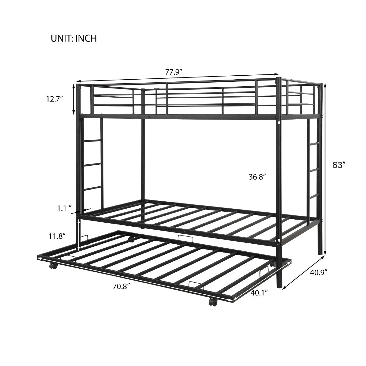Twin over twin bunk bed with trundle, Black