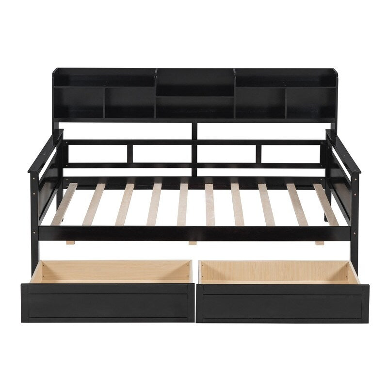 Twin size Daybed Wood Kids Bed with Bedside Shelves and Drawers, Espresso