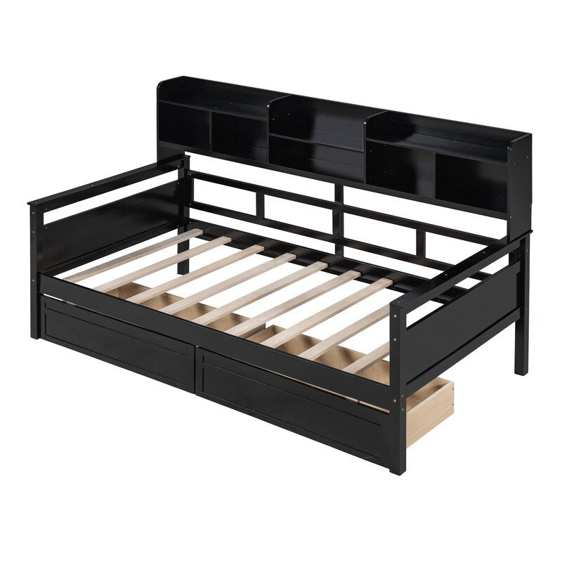 Twin size Daybed Wood Kids Bed with Bedside Shelves and Drawers, Espresso