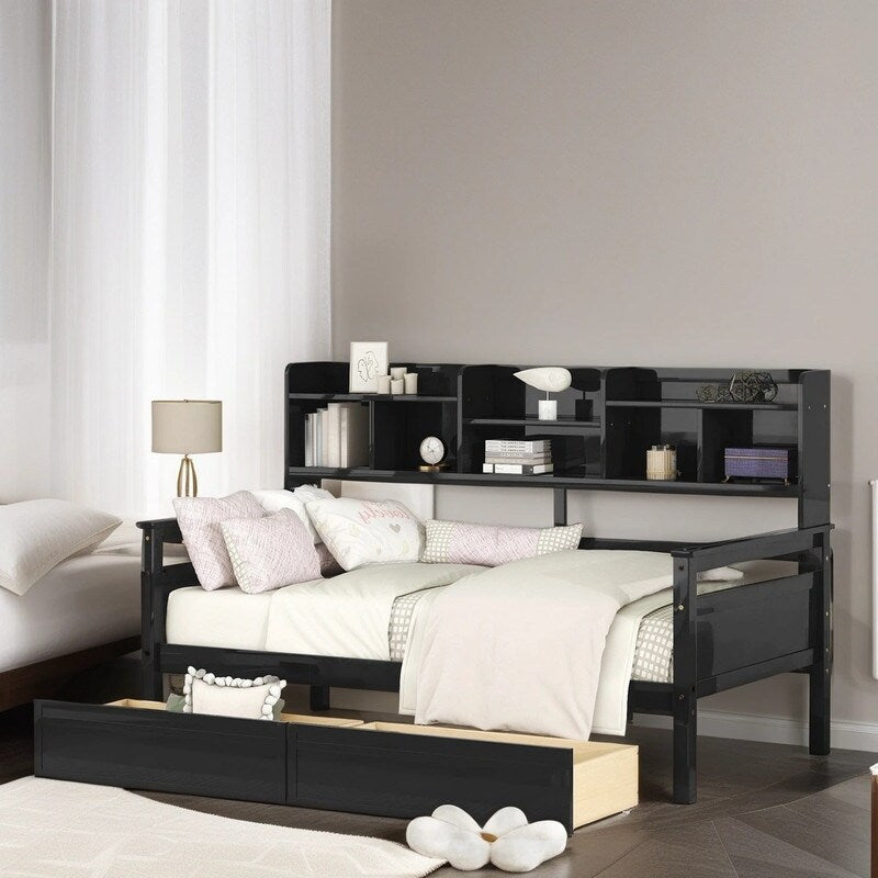 Twin size Daybed Wood Kids Bed with Bedside Shelves and Drawers, Espresso