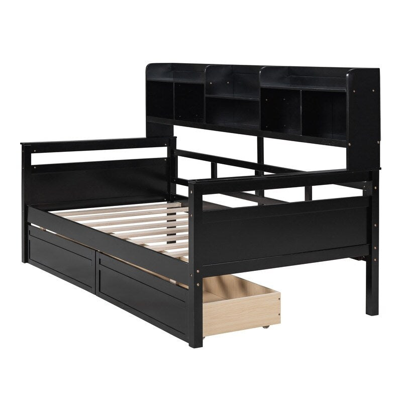 Twin size Daybed Wood Kids Bed with Bedside Shelves and Drawers, Espresso