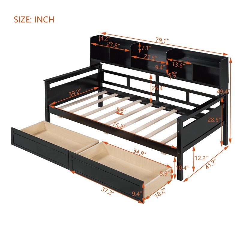Twin size Daybed Wood Kids Bed with Bedside Shelves and Drawers, Espresso