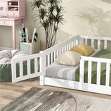 Full size Floor Platform Bed with Fence and Door for kids