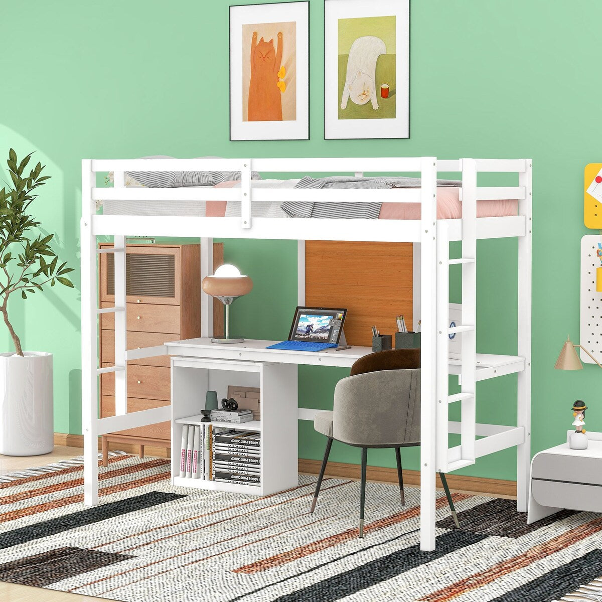 Twin size Loft Bed With Desk and Writing Board,2 Drawers Cabinet,Solid Construction,Kids Bedroom Sets