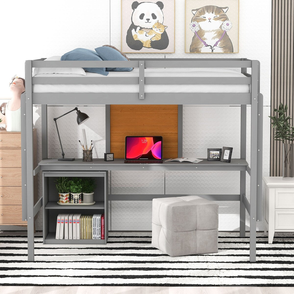 Twin size Loft Bed With Desk and Writing Board,2 Drawers Cabinet,Solid Construction,Kids Bedroom Sets