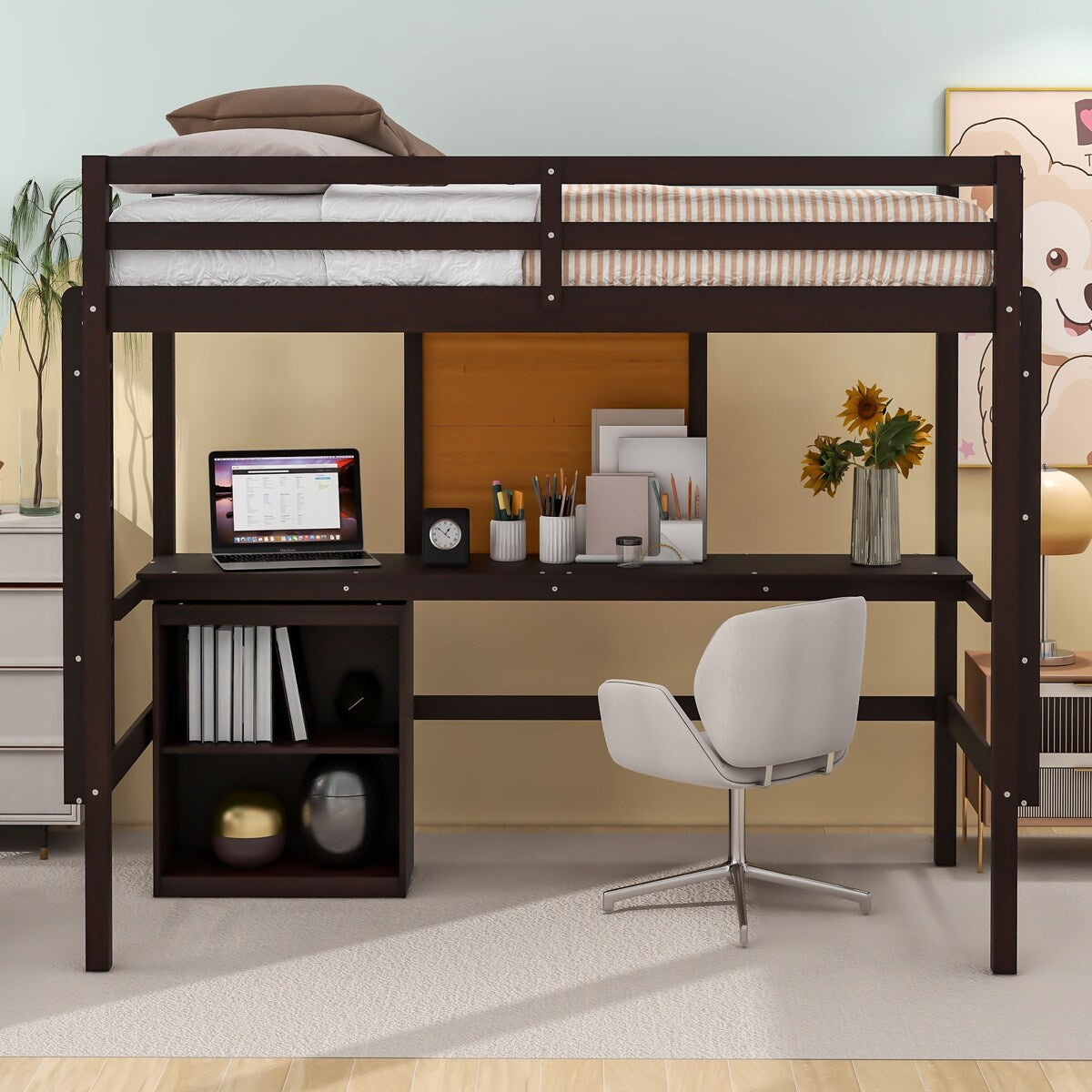 Twin size Loft Bed With Desk and Writing Board,2 Drawers Cabinet,Solid Construction,Kids Bedroom Sets