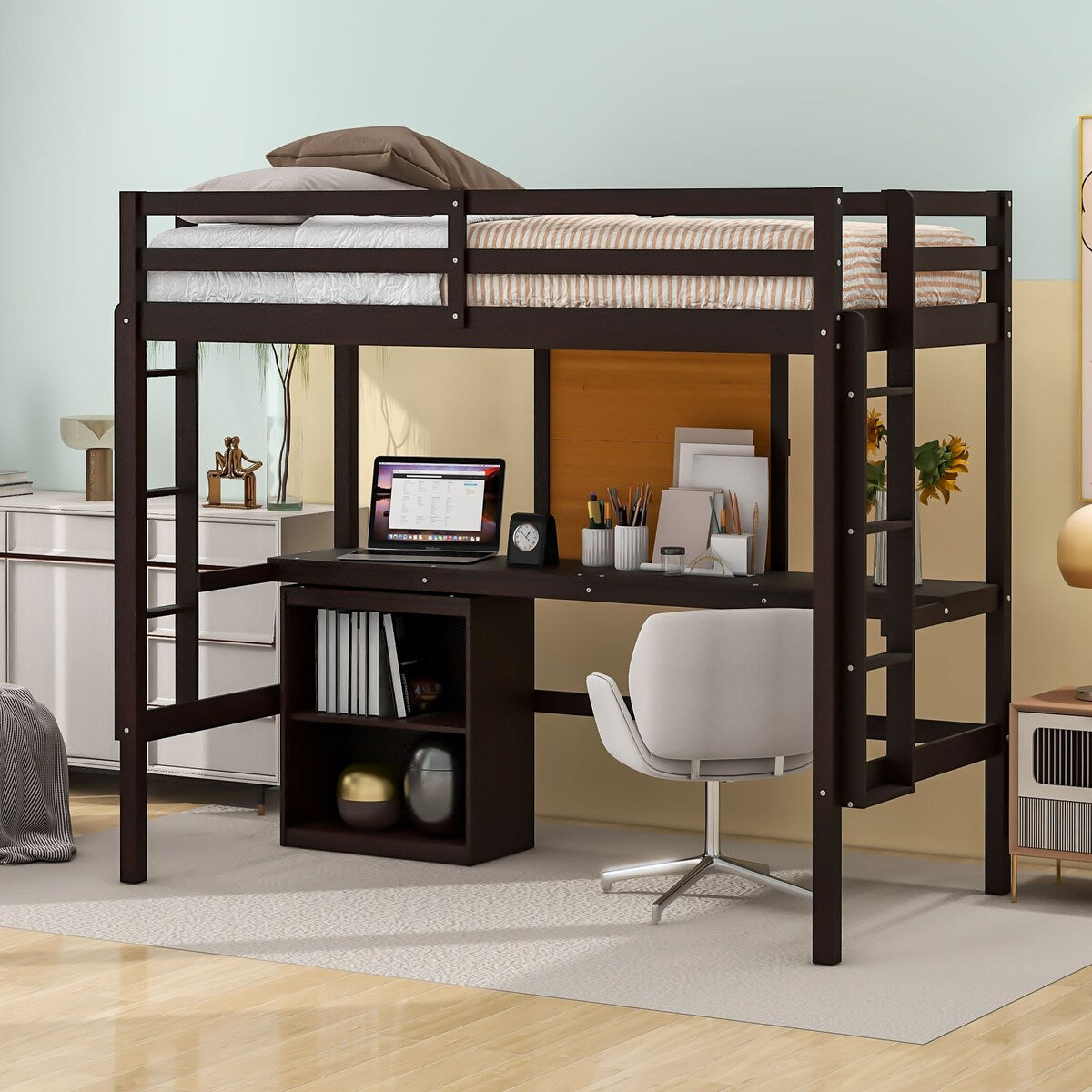 Twin size Loft Bed With Desk and Writing Board,2 Drawers Cabinet,Solid Construction,Kids Bedroom Sets