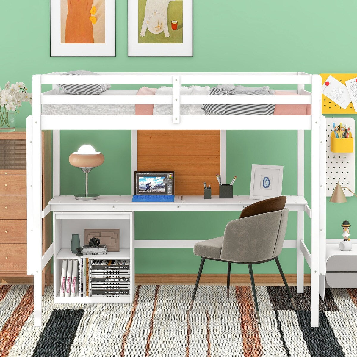 Twin size Loft Bed With Desk and Writing Board,2 Drawers Cabinet,Solid Construction,Kids Bedroom Sets