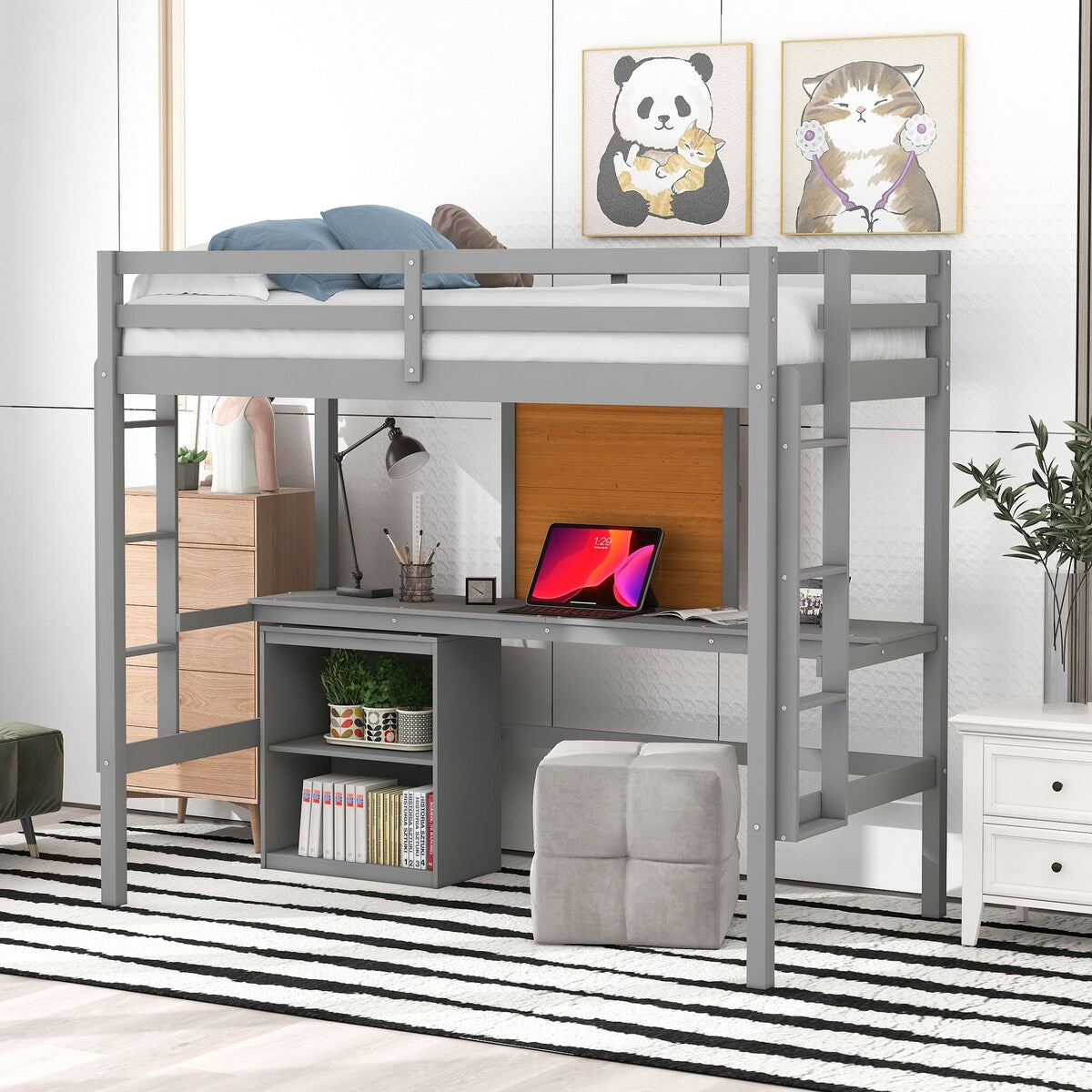 Twin size Loft Bed With Desk and Writing Board,2 Drawers Cabinet,Solid Construction,Kids Bedroom Sets