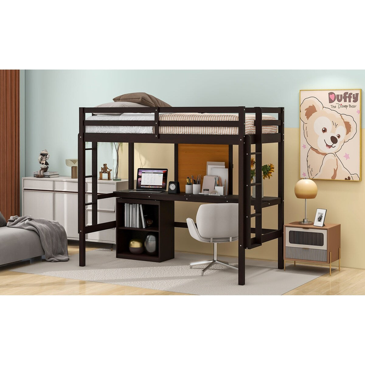 Twin size Loft Bed With Desk and Writing Board,2 Drawers Cabinet,Solid Construction,Kids Bedroom Sets