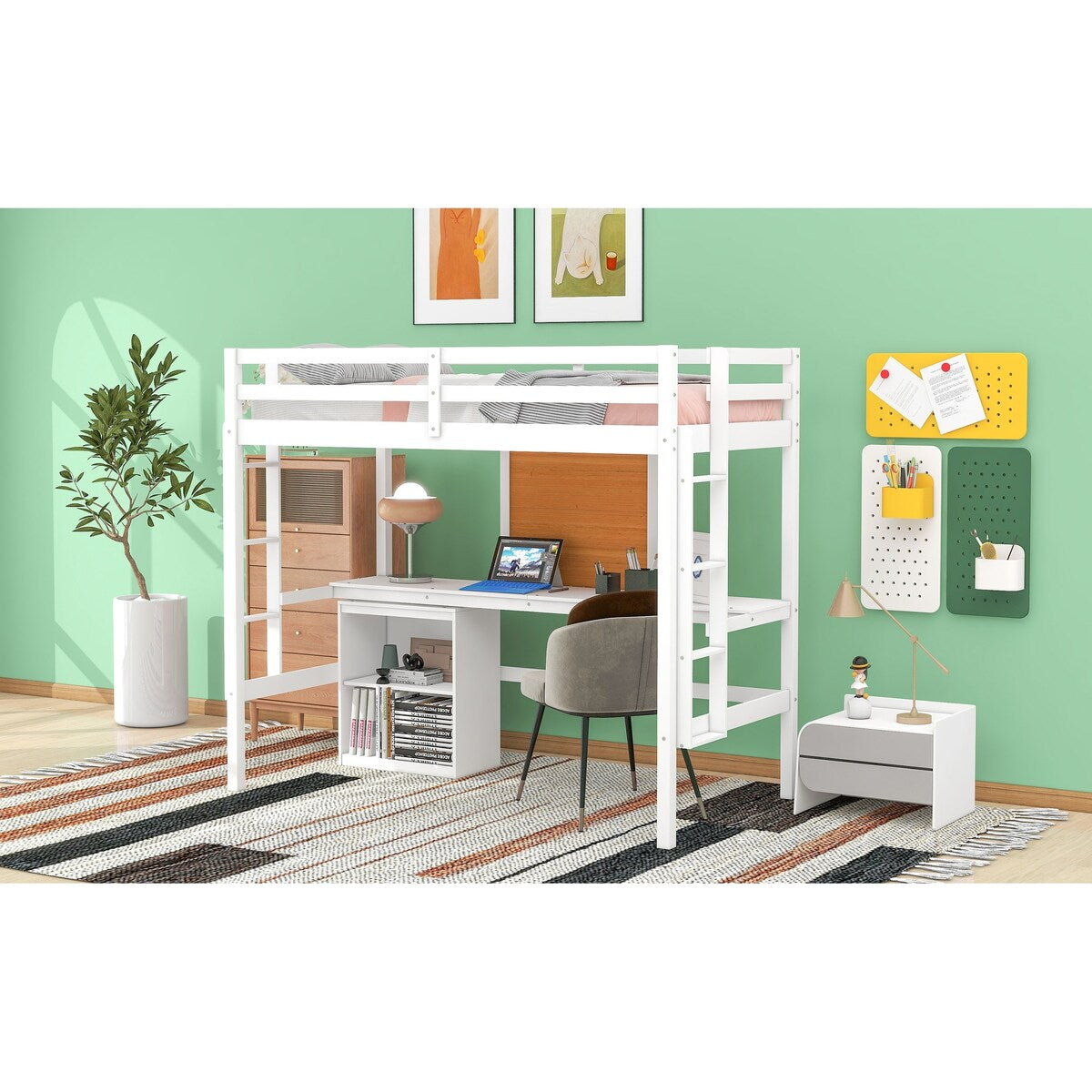 Twin size Loft Bed With Desk and Writing Board,2 Drawers Cabinet,Solid Construction,Kids Bedroom Sets