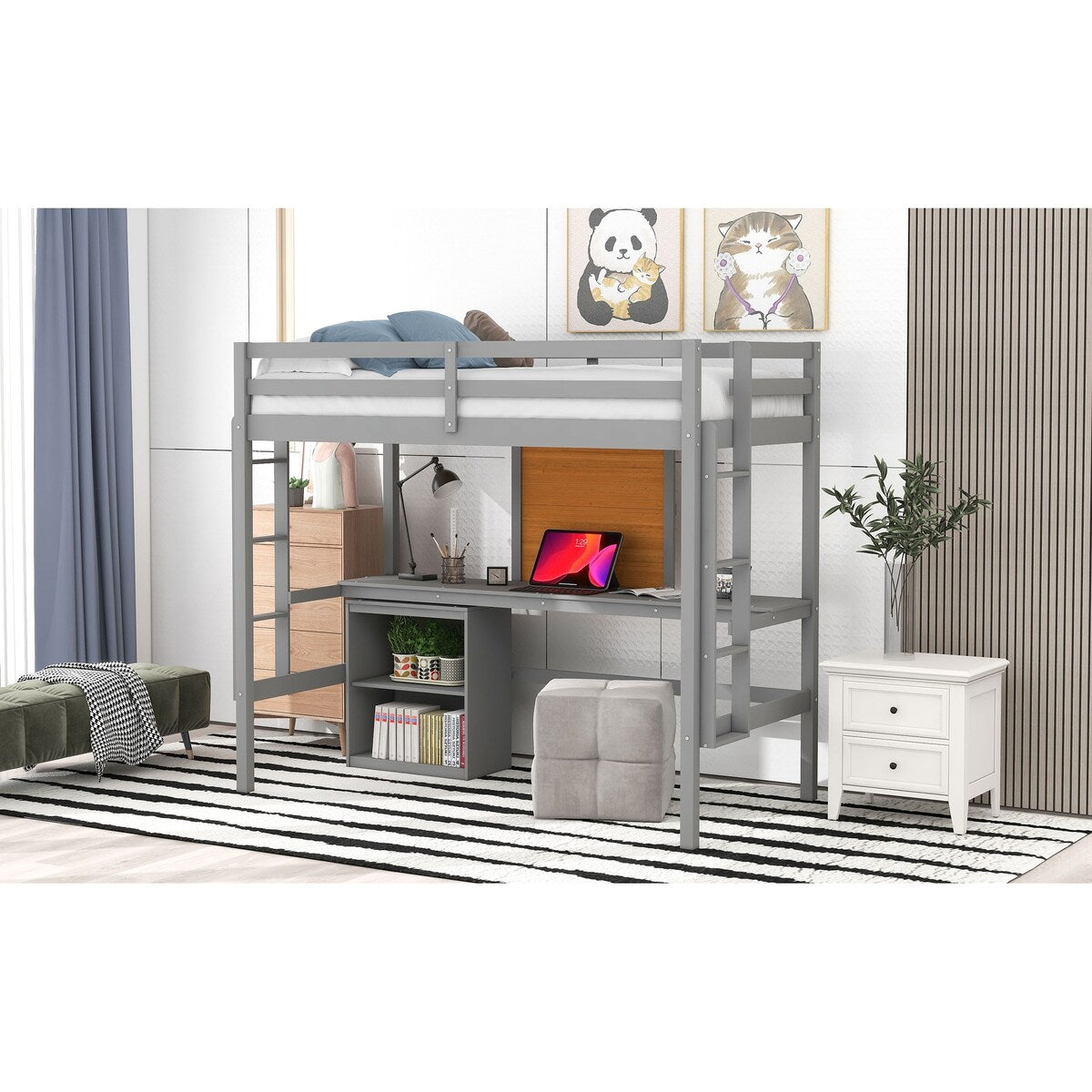 Twin size Loft Bed With Desk and Writing Board,2 Drawers Cabinet,Solid Construction,Kids Bedroom Sets