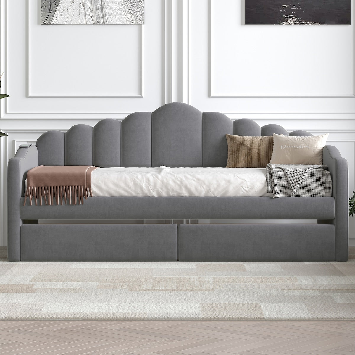 Twin size Upholstered Daybed with 2 Drawers ,Velvet Sofabed with USB Charging Ports,No Box-spring Needed